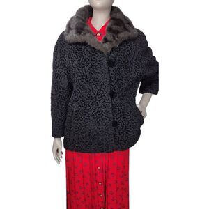 Vintage 40s Black Curly Persian Lambswool Button-Down Mob Wife Genuine Fur Coat